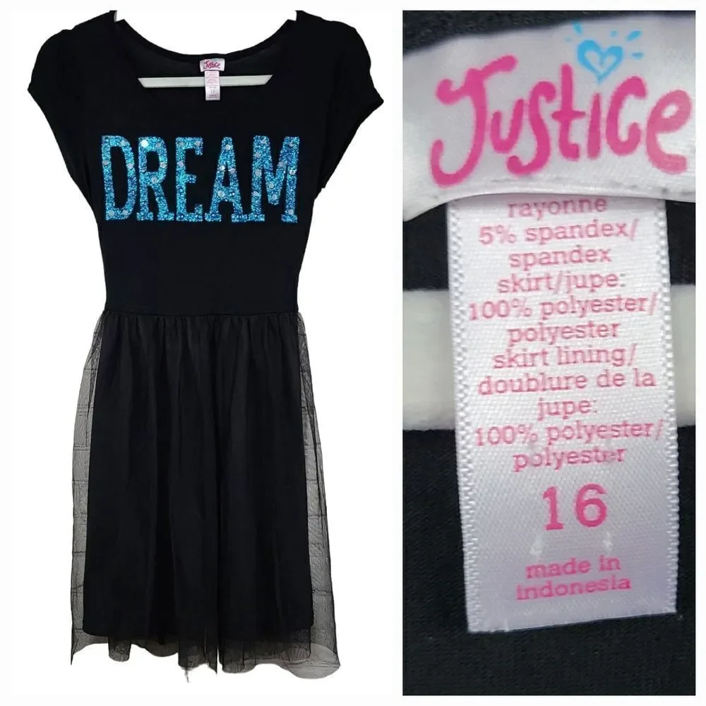 JUSTICE Girls 16 Black DREAM Bedazzled Sequin Jersey Tulle Dress Casual Girly